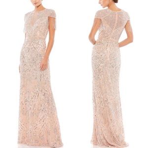 New Mac Duggal 4715 Embellished Fringe Cap Sleeve Flapper Gown Platinum Size 14